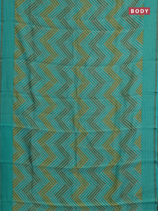 Chanderi silk cotton saree teal green with allover zigzag geometric prints and kantha stitch work border