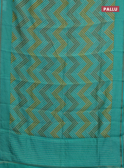 Chanderi silk cotton saree teal green with allover zigzag geometric prints and kantha stitch work border