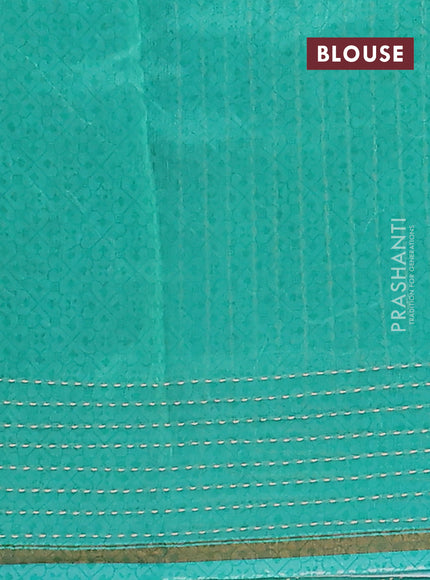 Chanderi silk cotton saree teal green with allover zigzag geometric prints and kantha stitch work border