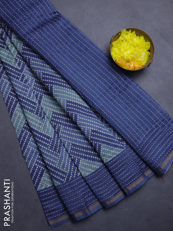 Chanderi silk cotton saree navy blue with allover zigzag geometric prints and kantha stitch work border