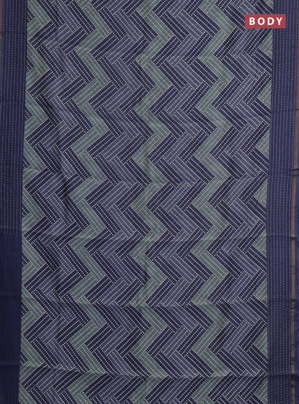 Chanderi silk cotton saree navy blue with allover zigzag geometric prints and kantha stitch work border