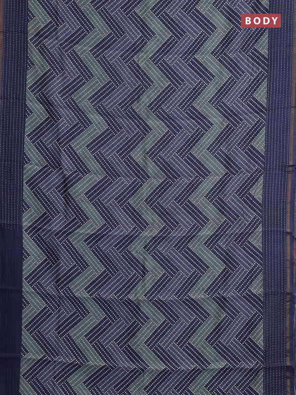 Chanderi silk cotton saree navy blue with allover zigzag geometric prints and kantha stitch work border