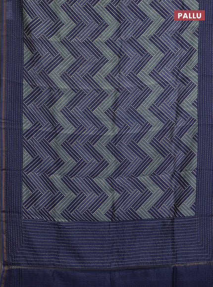Chanderi silk cotton saree navy blue with allover zigzag geometric prints and kantha stitch work border