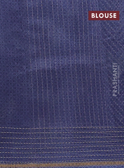 Chanderi silk cotton saree navy blue with allover zigzag geometric prints and kantha stitch work border