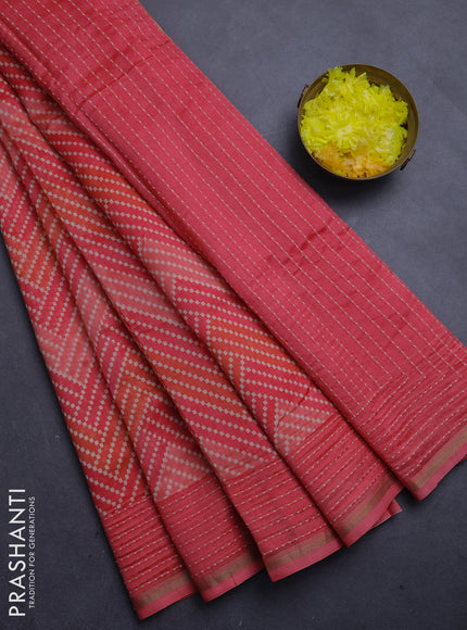 Chanderi silk cotton saree peach with allover zigzag geometric prints and kantha stitch work border