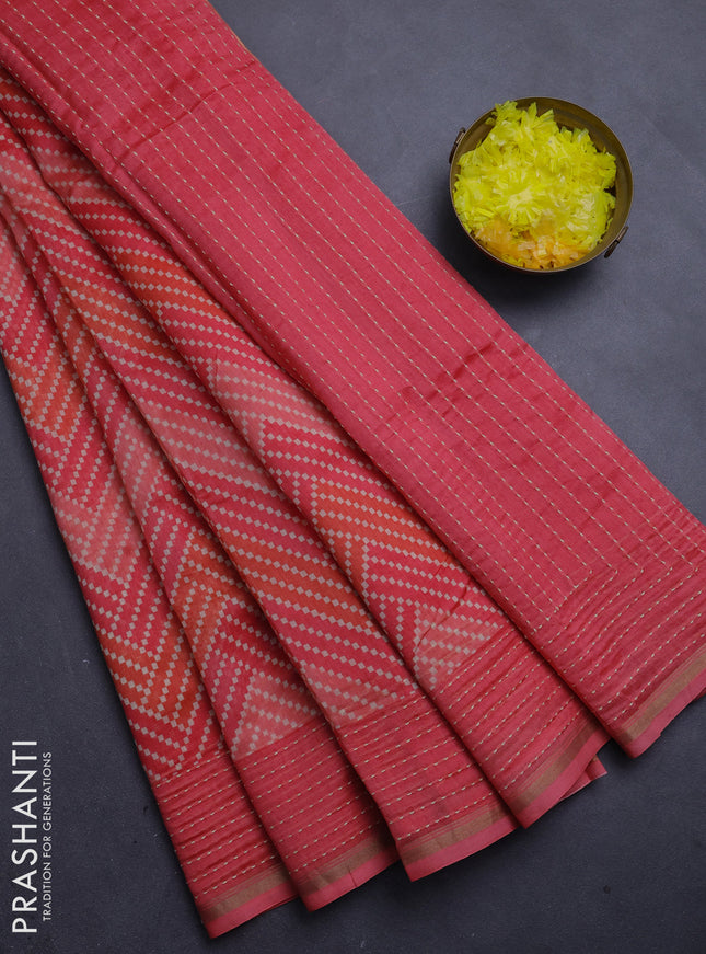 Chanderi silk cotton saree peach with allover zigzag geometric prints and kantha stitch work border