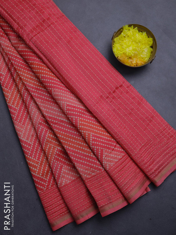 Chanderi silk cotton saree peach with allover zigzag geometric prints and kantha stitch work border