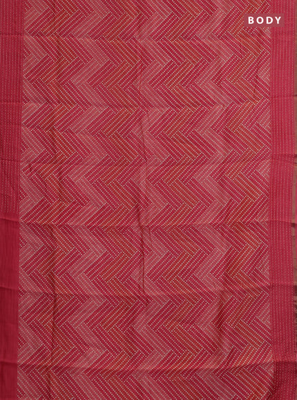Chanderi silk cotton saree peach with allover zigzag geometric prints and kantha stitch work border