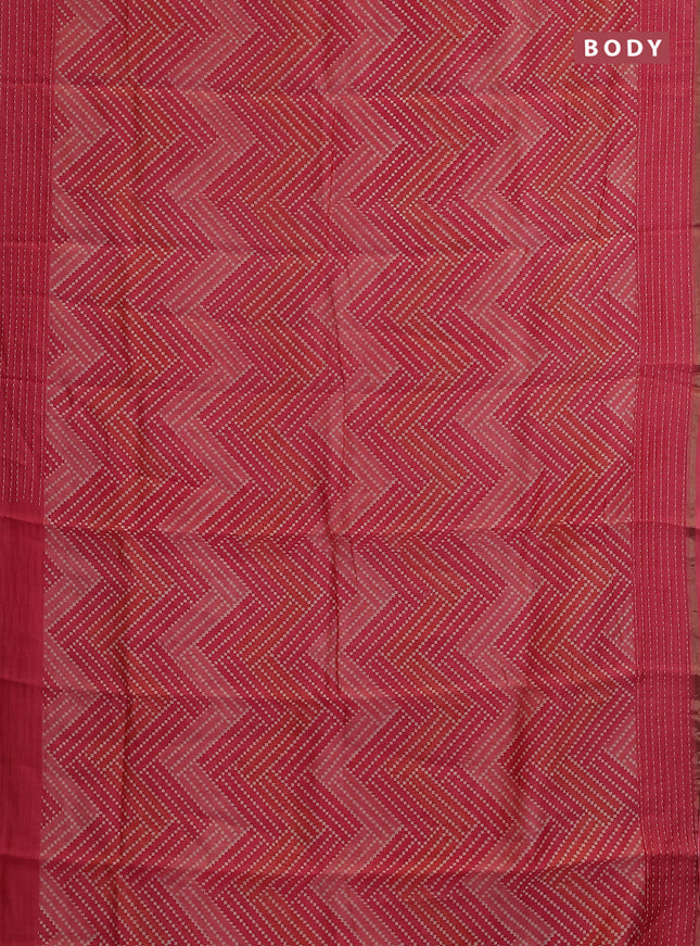 Chanderi silk cotton saree peach with allover zigzag geometric prints and kantha stitch work border