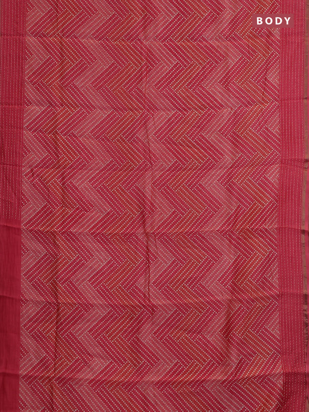 Chanderi silk cotton saree peach with allover zigzag geometric prints and kantha stitch work border