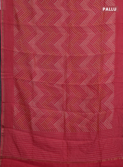 Chanderi silk cotton saree peach with allover zigzag geometric prints and kantha stitch work border