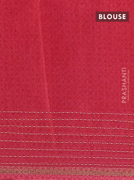 Chanderi silk cotton saree peach with allover zigzag geometric prints and kantha stitch work border