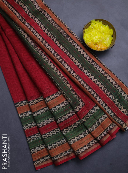 Chanderi silk cotton saree red with allover geometric prints and long printed kantha stitch work border