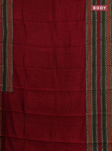 Chanderi silk cotton saree red with allover geometric prints and long printed kantha stitch work border