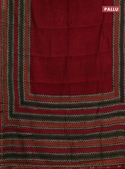 Chanderi silk cotton saree red with allover geometric prints and long printed kantha stitch work border
