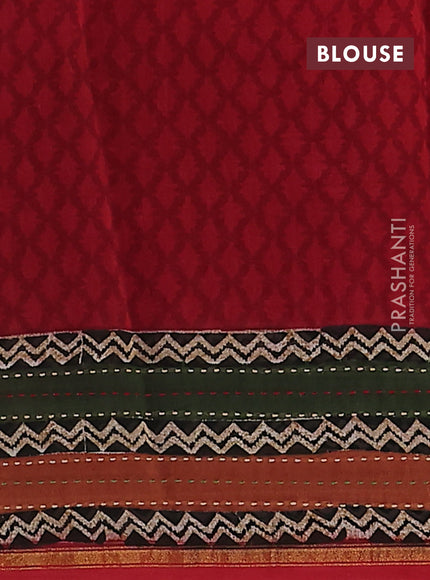Chanderi silk cotton saree red with allover geometric prints and long printed kantha stitch work border