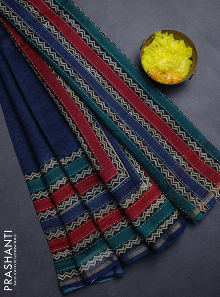 Chanderi silk cotton saree peacock blue with allover geometric prints and long printed kantha stitch work border