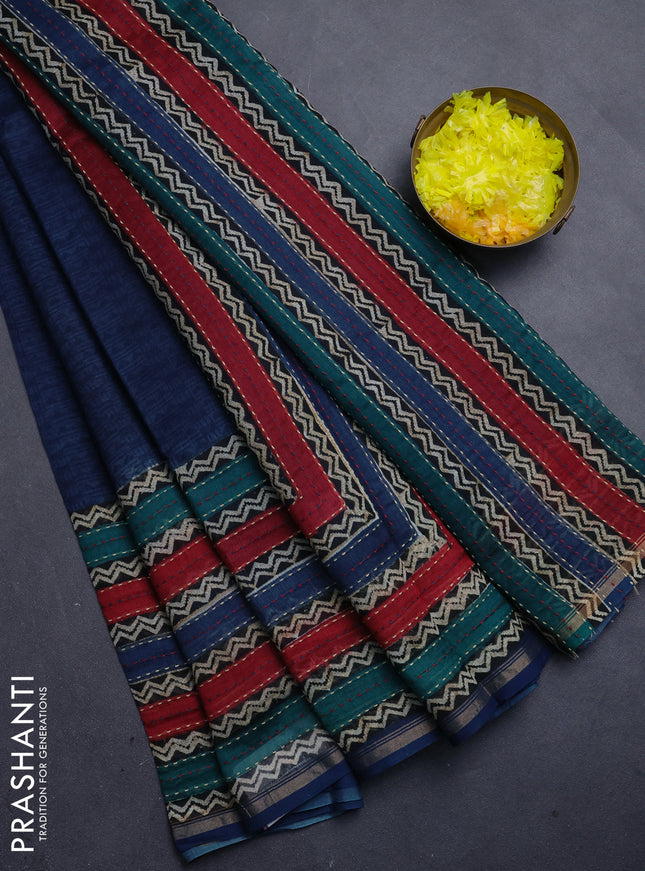 Chanderi silk cotton saree peacock blue with allover geometric prints and long printed kantha stitch work border