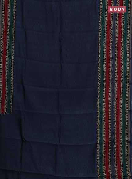 Chanderi silk cotton saree peacock blue with allover geometric prints and long printed kantha stitch work border