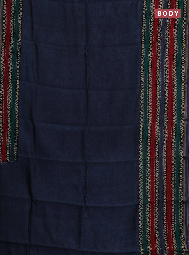 Chanderi silk cotton saree peacock blue with allover geometric prints and long printed kantha stitch work border