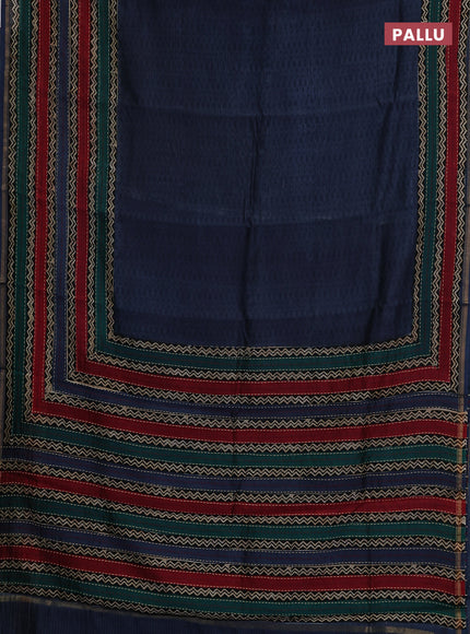 Chanderi silk cotton saree peacock blue with allover geometric prints and long printed kantha stitch work border