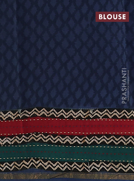 Chanderi silk cotton saree peacock blue with allover geometric prints and long printed kantha stitch work border