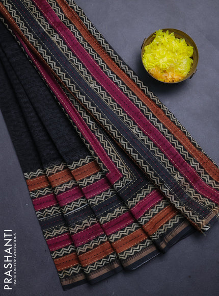 Chanderi silk cotton saree black with allover geometric prints and long printed kantha stitch work border