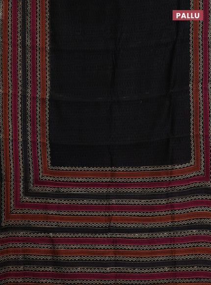 Chanderi silk cotton saree black with allover geometric prints and long printed kantha stitch work border