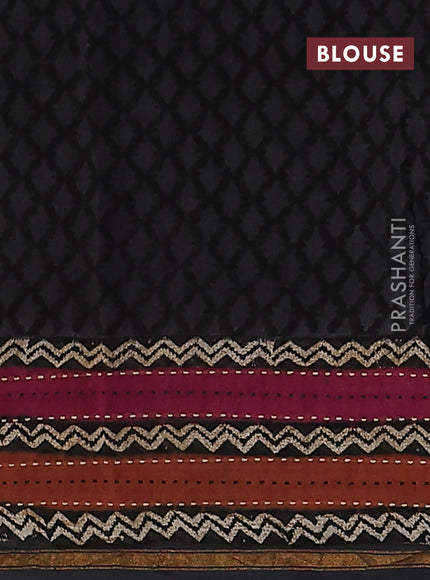 Chanderi silk cotton saree black with allover geometric prints and long printed kantha stitch work border