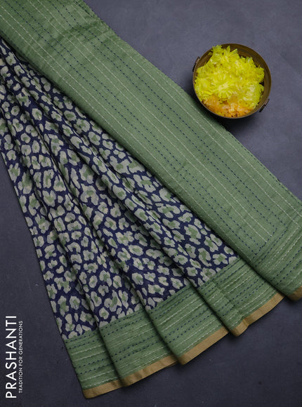 Chanderi silk cotton saree navy blue and green with allover prints and kantha stitch work border
