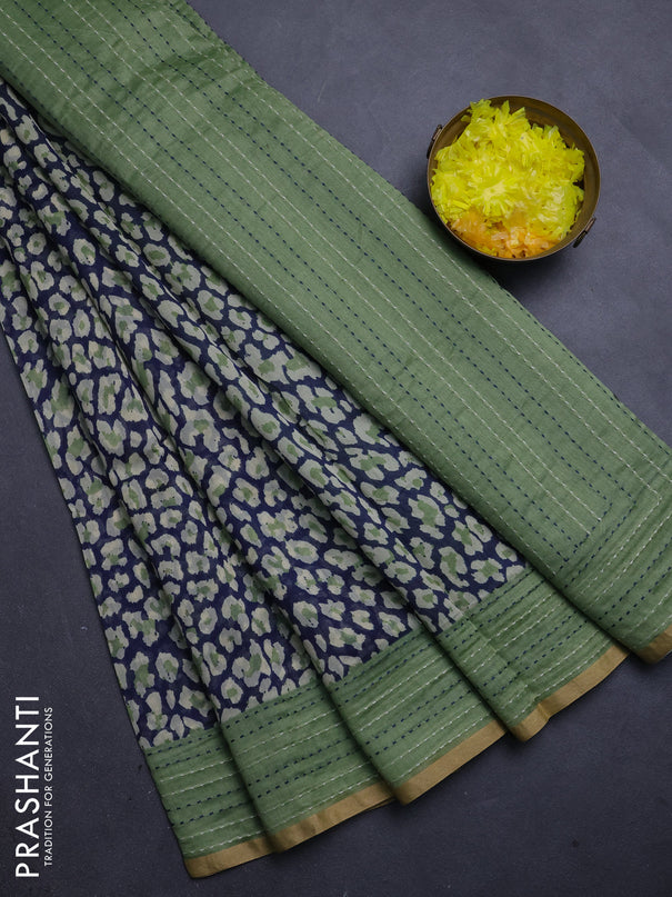 Chanderi silk cotton saree navy blue and green with allover prints and kantha stitch work border