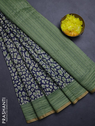 Chanderi silk cotton saree navy blue and green with allover prints and kantha stitch work border