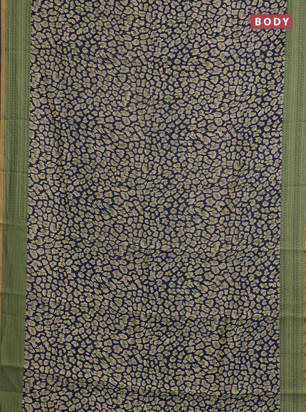 Chanderi silk cotton saree navy blue and green with allover prints and kantha stitch work border