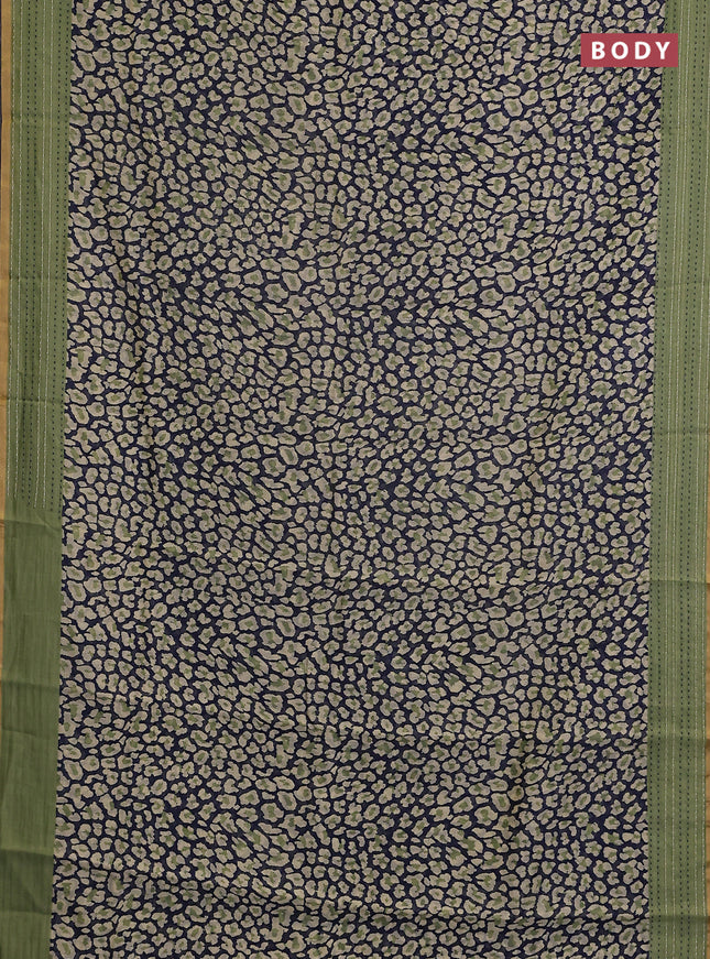 Chanderi silk cotton saree navy blue and green with allover prints and kantha stitch work border