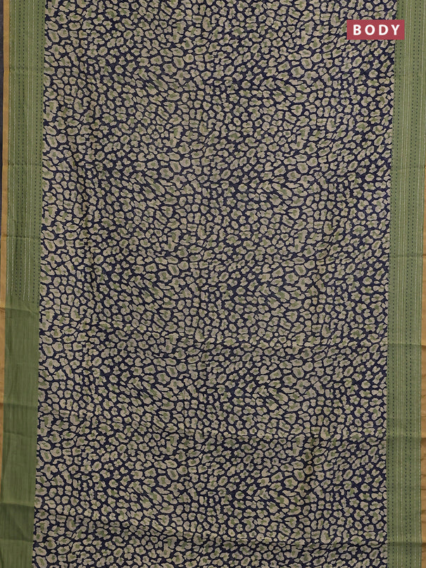 Chanderi silk cotton saree navy blue and green with allover prints and kantha stitch work border