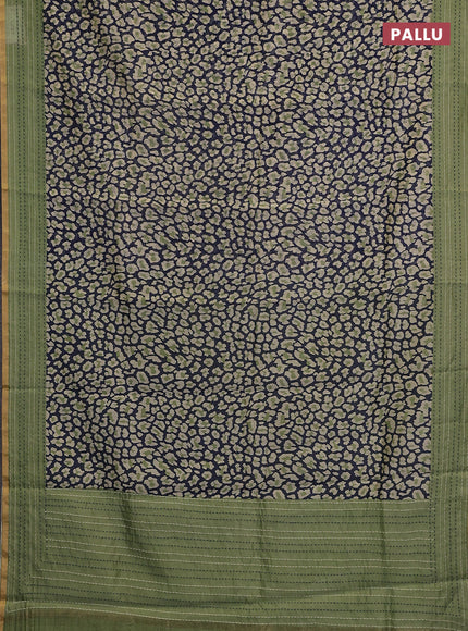 Chanderi silk cotton saree navy blue and green with allover prints and kantha stitch work border
