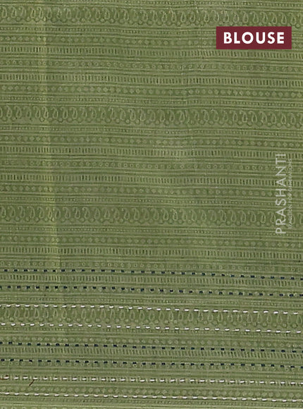 Chanderi silk cotton saree navy blue and green with allover prints and kantha stitch work border