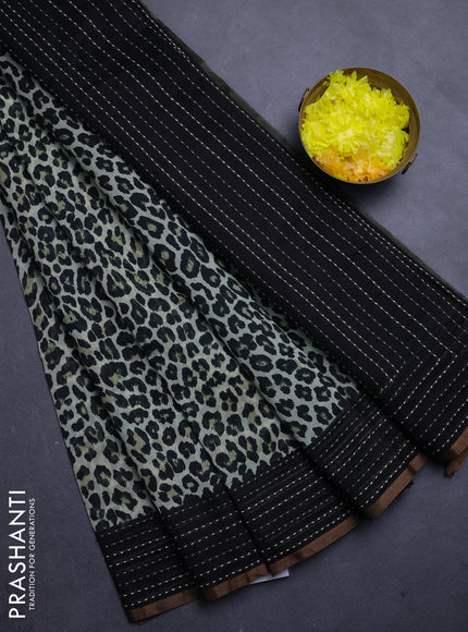 Chanderi silk cotton saree cream and black with allover prints and kantha stitch work border