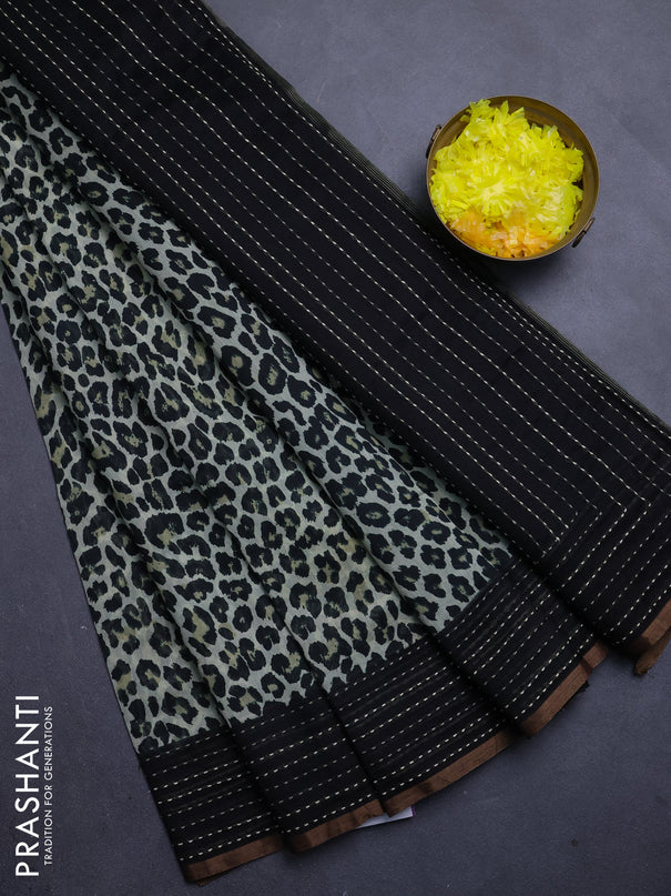 Chanderi silk cotton saree cream and black with allover prints and kantha stitch work border