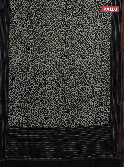 Chanderi silk cotton saree cream and black with allover prints and kantha stitch work border