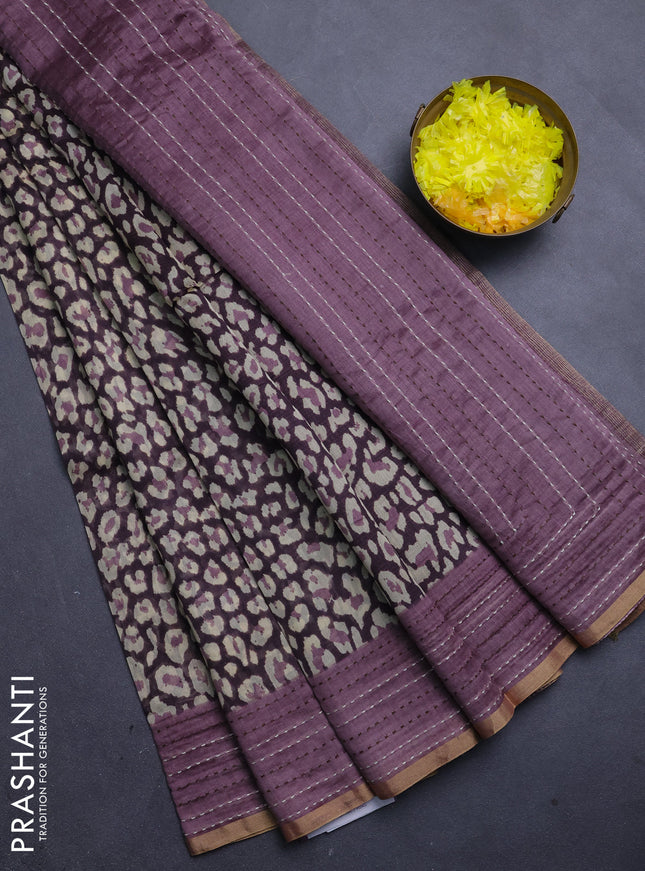 Chanderi silk cotton saree wine and onion pink with allover prints and kantha stitch work border