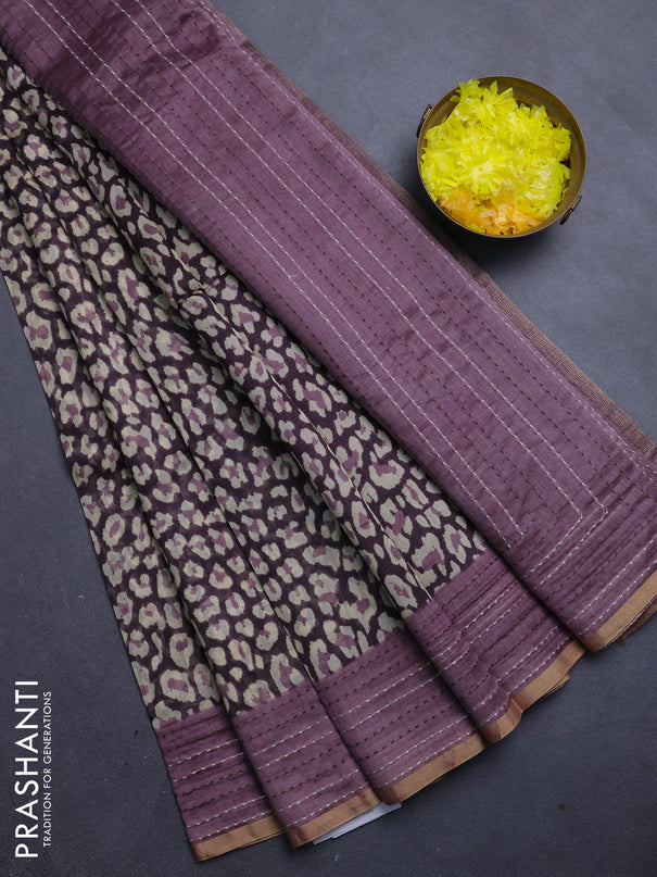 Chanderi silk cotton saree wine and onion pink with allover prints and kantha stitch work border