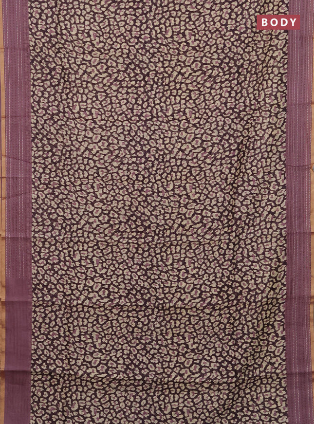 Chanderi silk cotton saree wine and onion pink with allover prints and kantha stitch work border