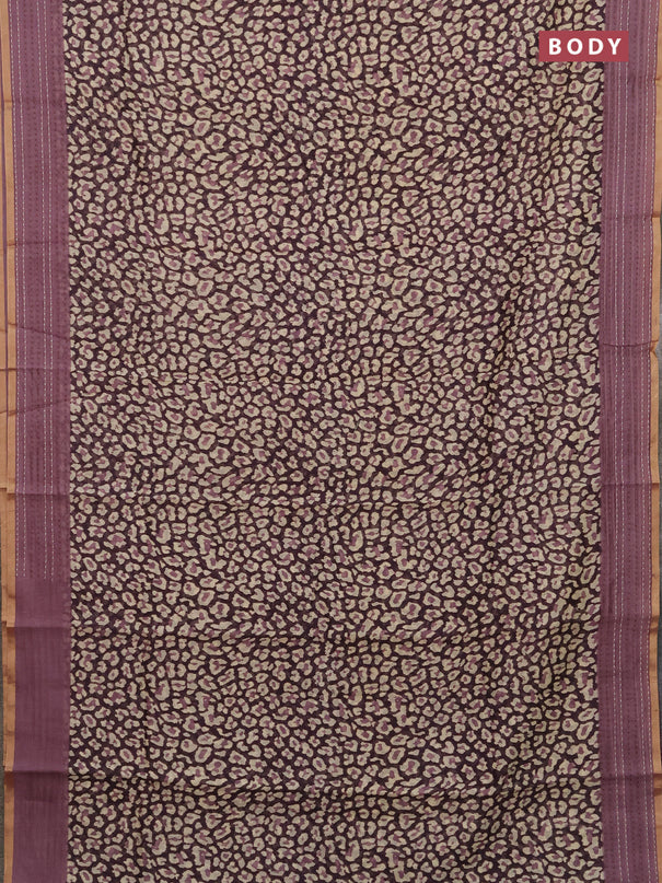 Chanderi silk cotton saree wine and onion pink with allover prints and kantha stitch work border