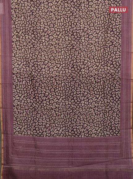 Chanderi silk cotton saree wine and onion pink with allover prints and kantha stitch work border