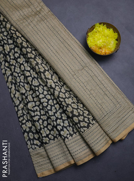 Chanderi silk cotton saree black and cream with allover prints and kantha stitch work border