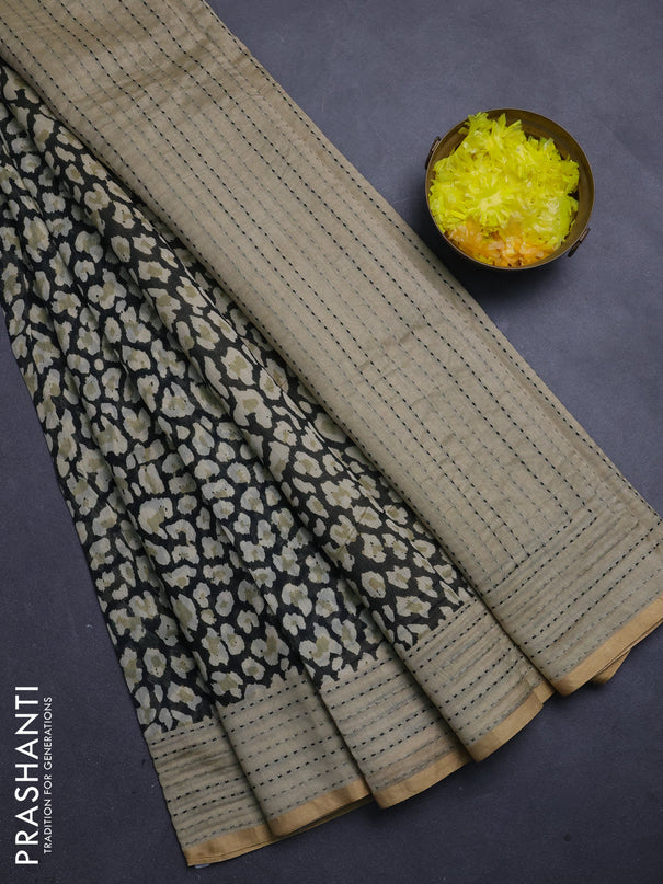 Chanderi silk cotton saree black and cream with allover prints and kantha stitch work border