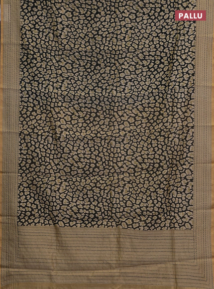Chanderi silk cotton saree black and cream with allover prints and kantha stitch work border
