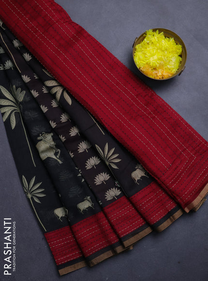 Chanderi silk cotton saree black and red with pichwai prints and kantha stitch work border