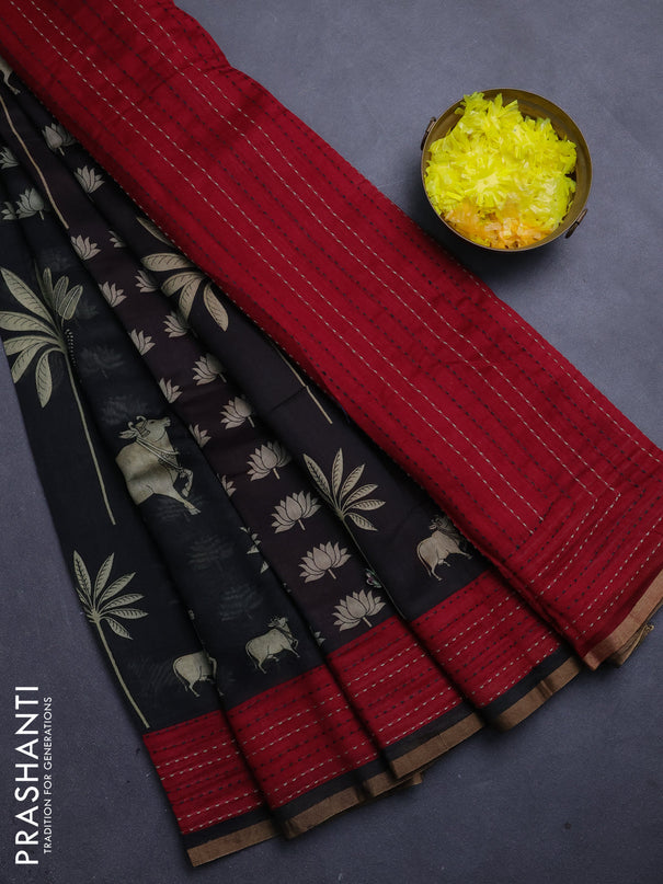 Chanderi silk cotton saree black and red with pichwai prints and kantha stitch work border